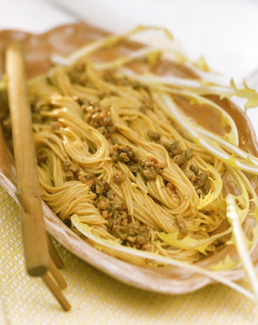 Spaghetti with lemon & lamb ragout and dandelion