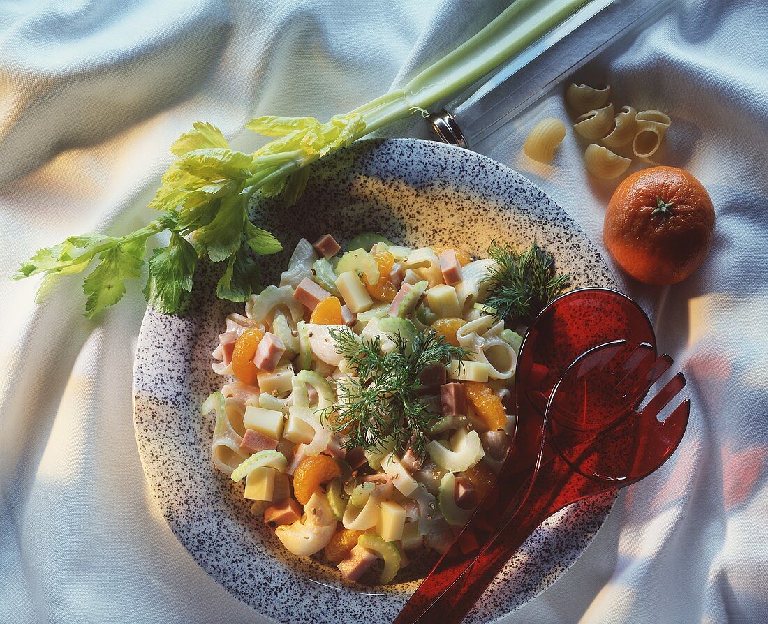 "Mamma mia" pasta salad with mortadella, cheese, mandarins