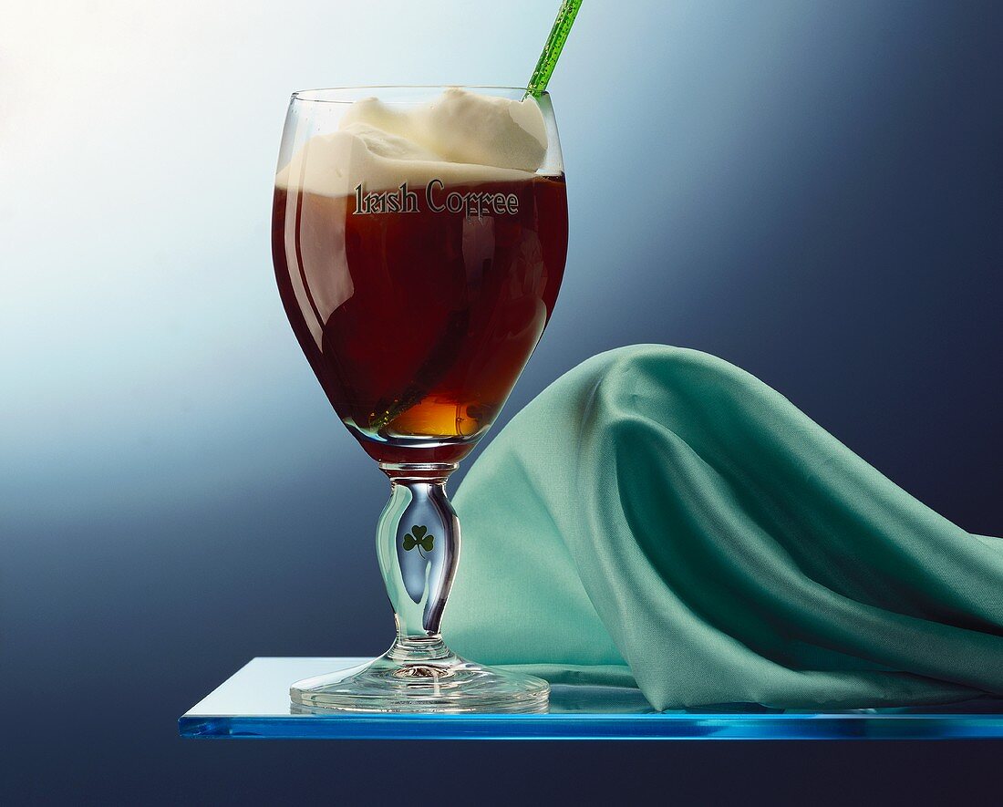 Irish coffee with cream in Irish coffee glass