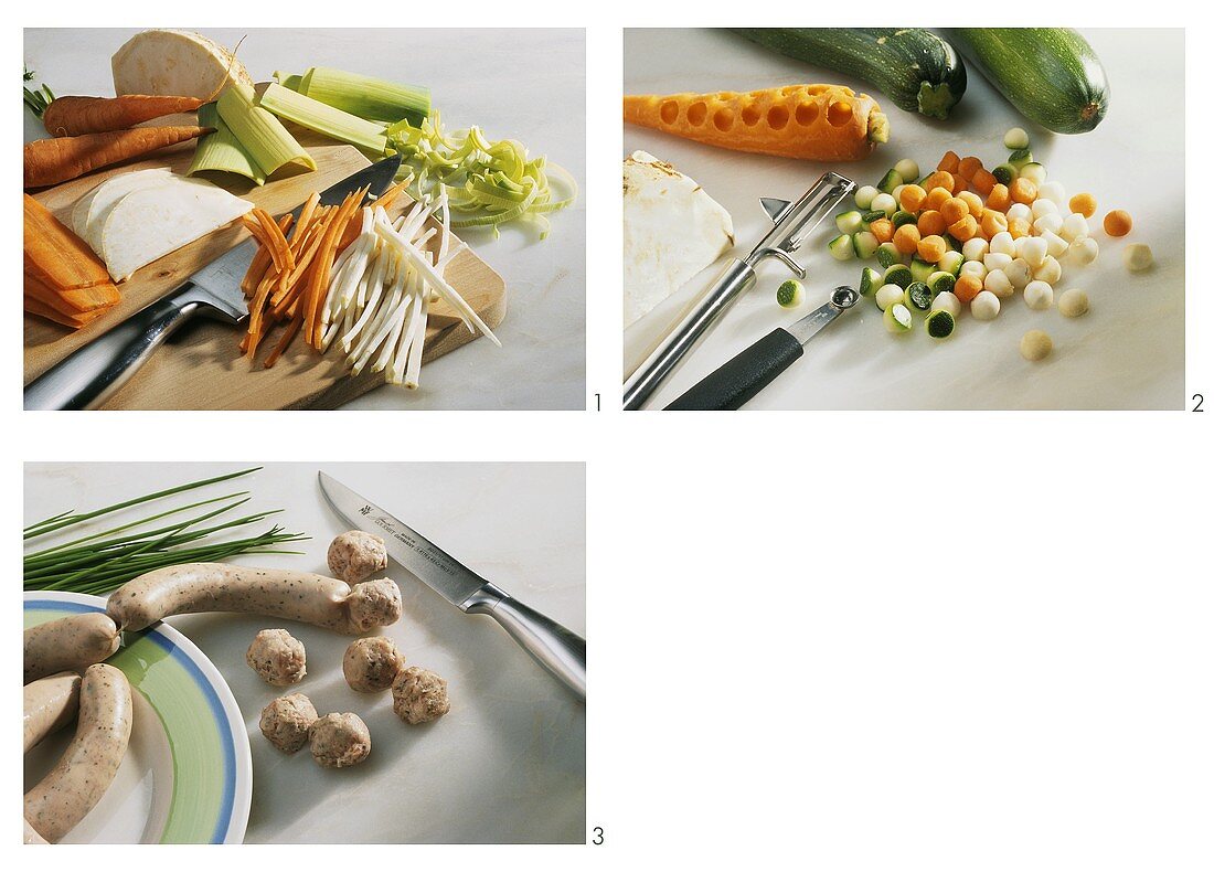 Preparing soup ingredients (vegetables & forcemeat dumplings)
