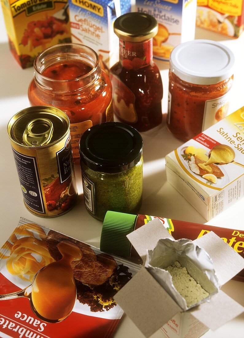 Various ready-made sauces in jars, tin, bag, tetrapak