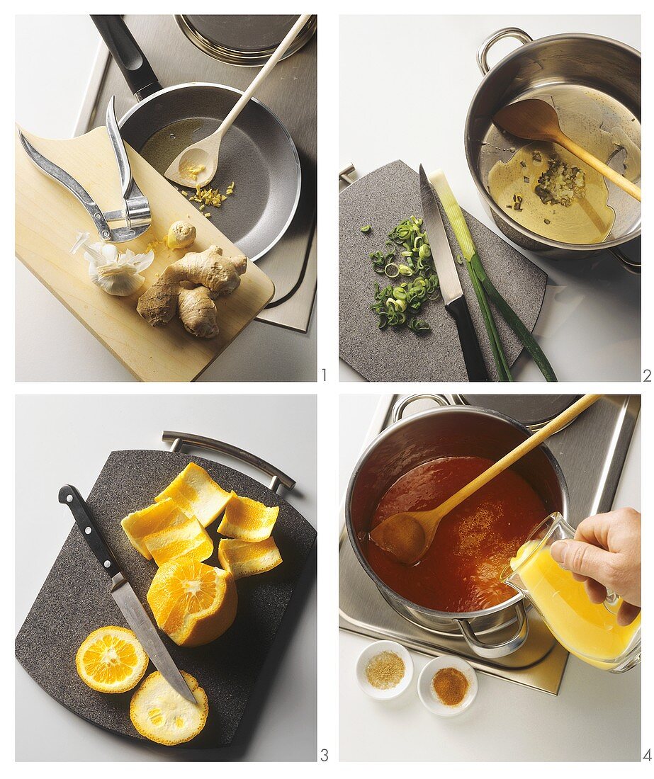 Orangen-Tomaten-Suppe mit Orangenscheiben & Weissbrotecke zubereiten