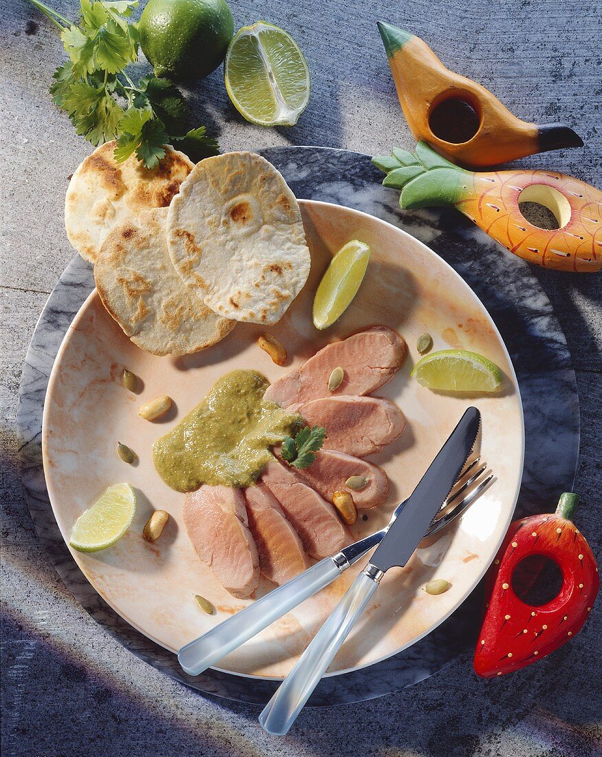 Pork loin with Mexican coriander sauce and tortilla