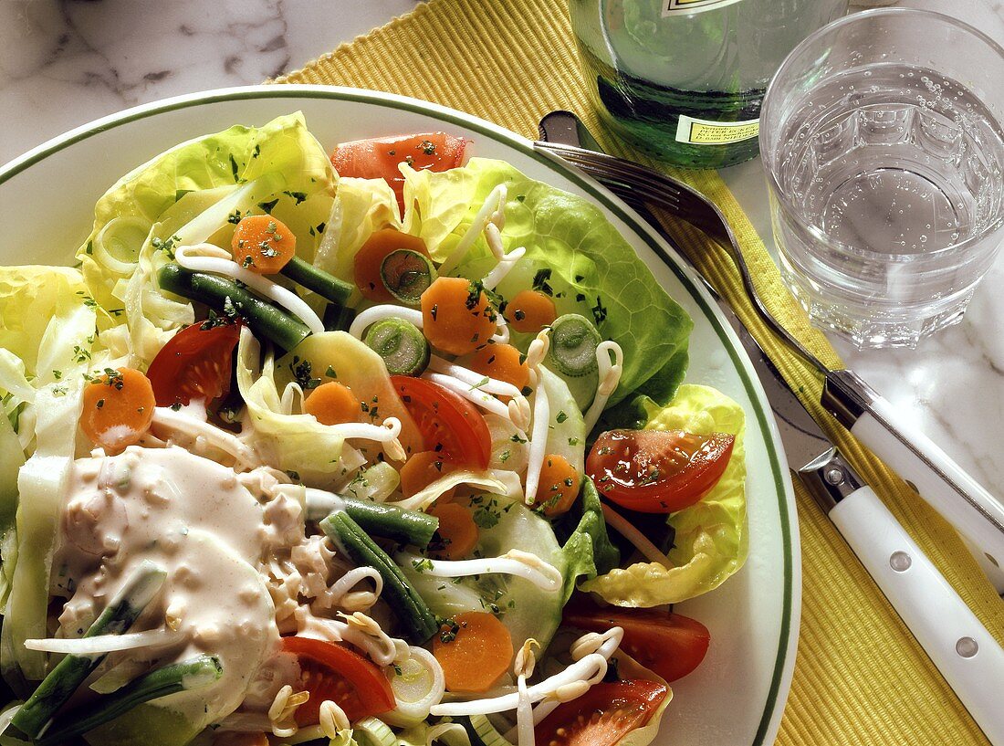 Kartoffel-Gemüse-Salat mit Sesamdressing auf Salatblättern