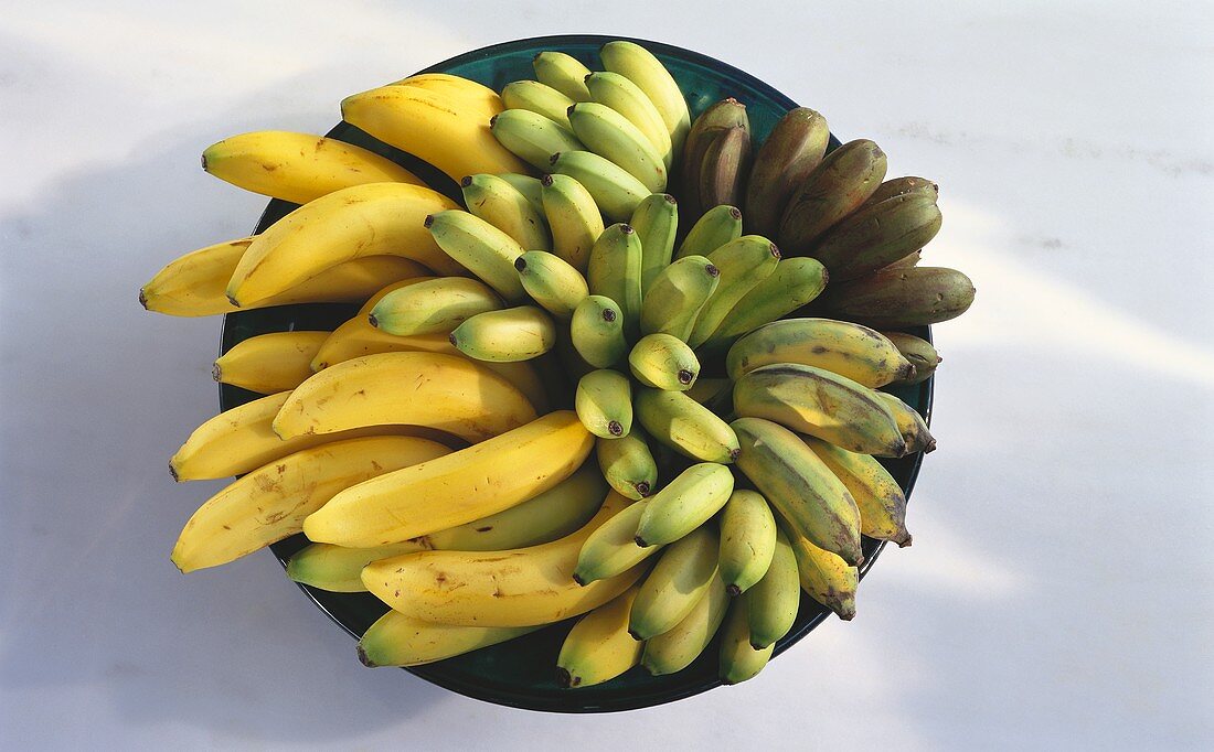 Various types of banana in a bowl