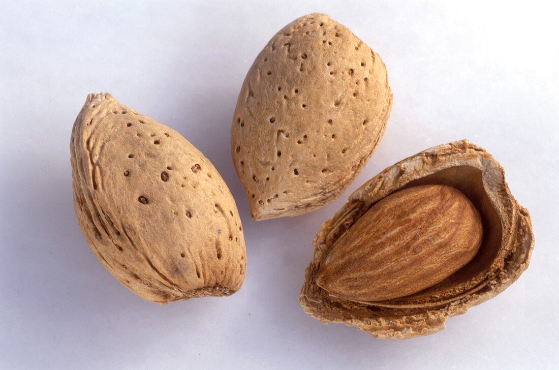 Two whole unshelled almonds and half an almond