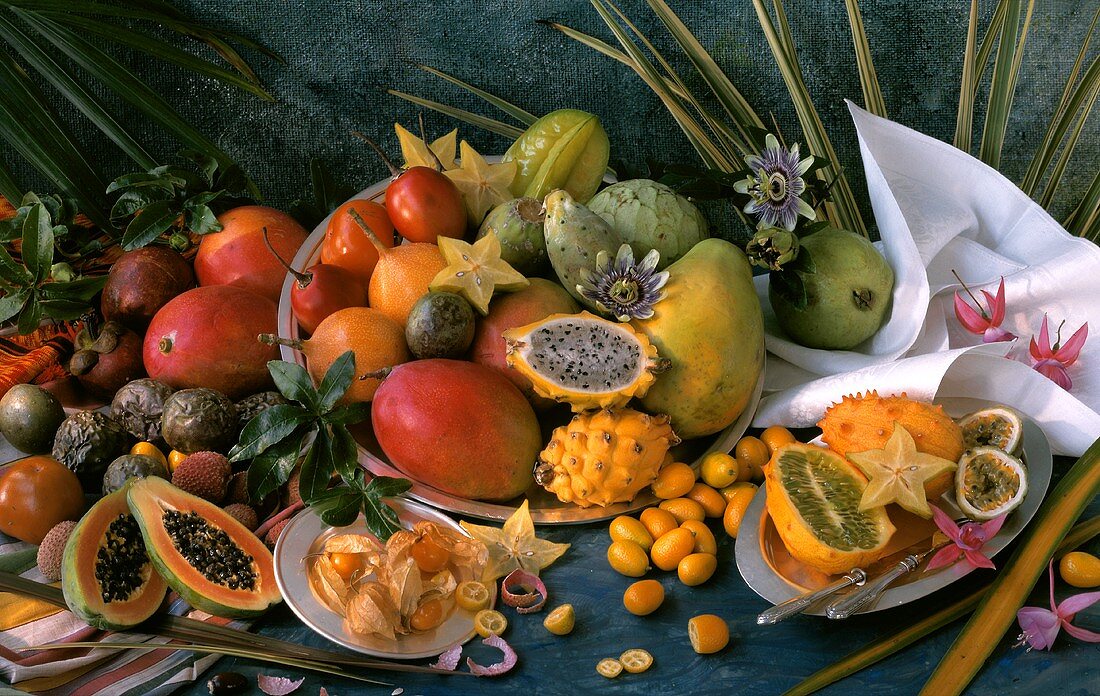 Still life with many different exotic fruits