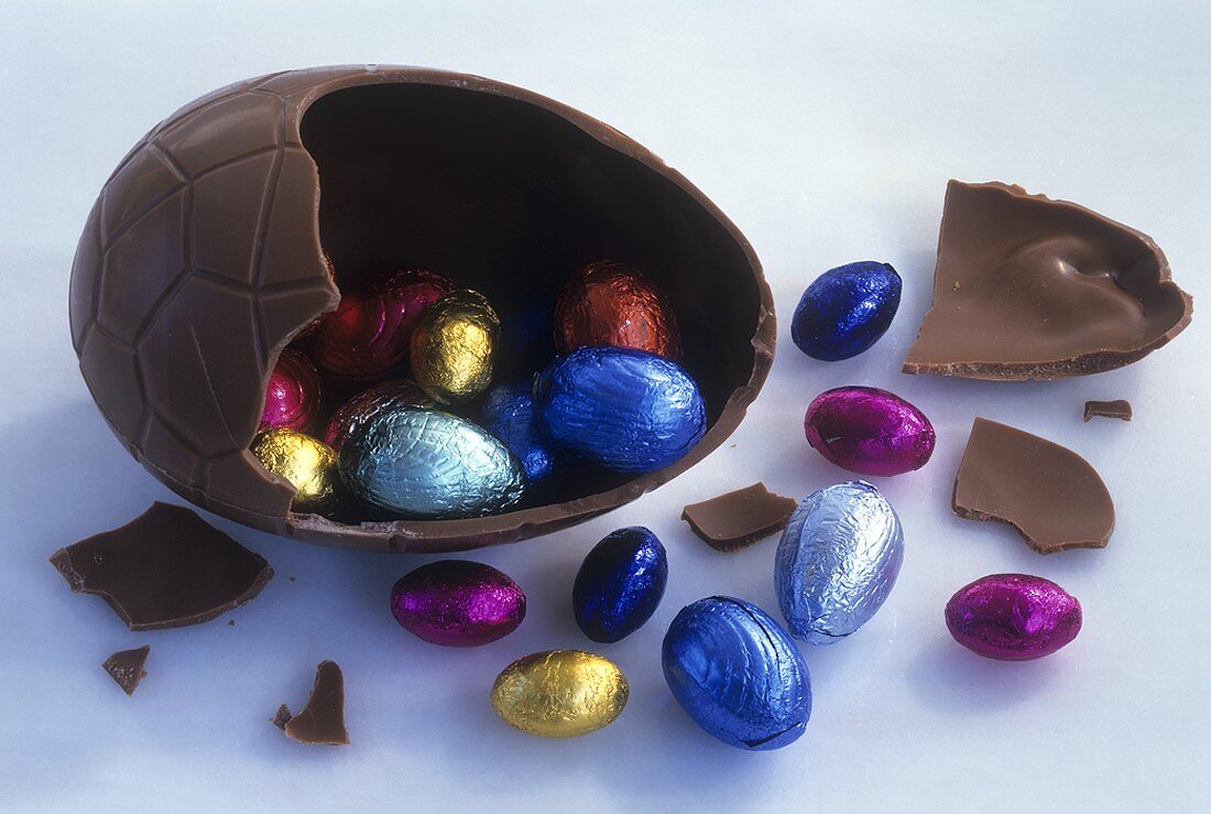 Chocolate egg, opened, with small coloured Easter eggs inside