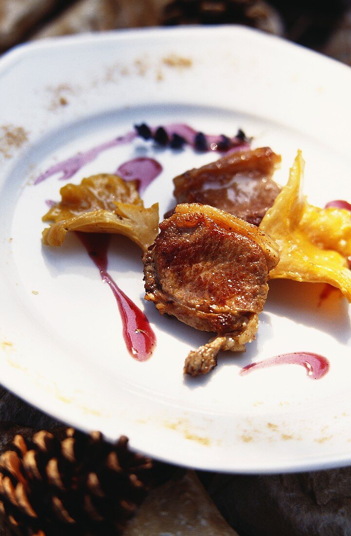 Lamb with mushrooms and red berry sauce; Scot's pine cones