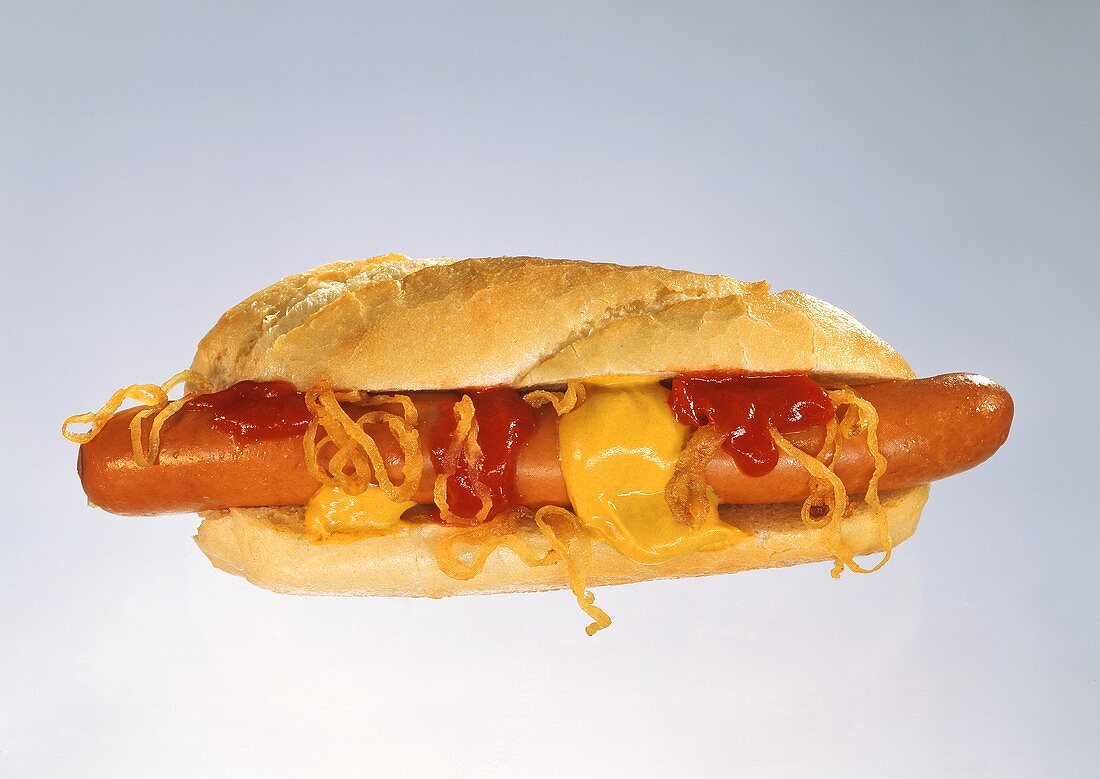 Hot Dog mit Senf, Ketchup und Zwiebelringen