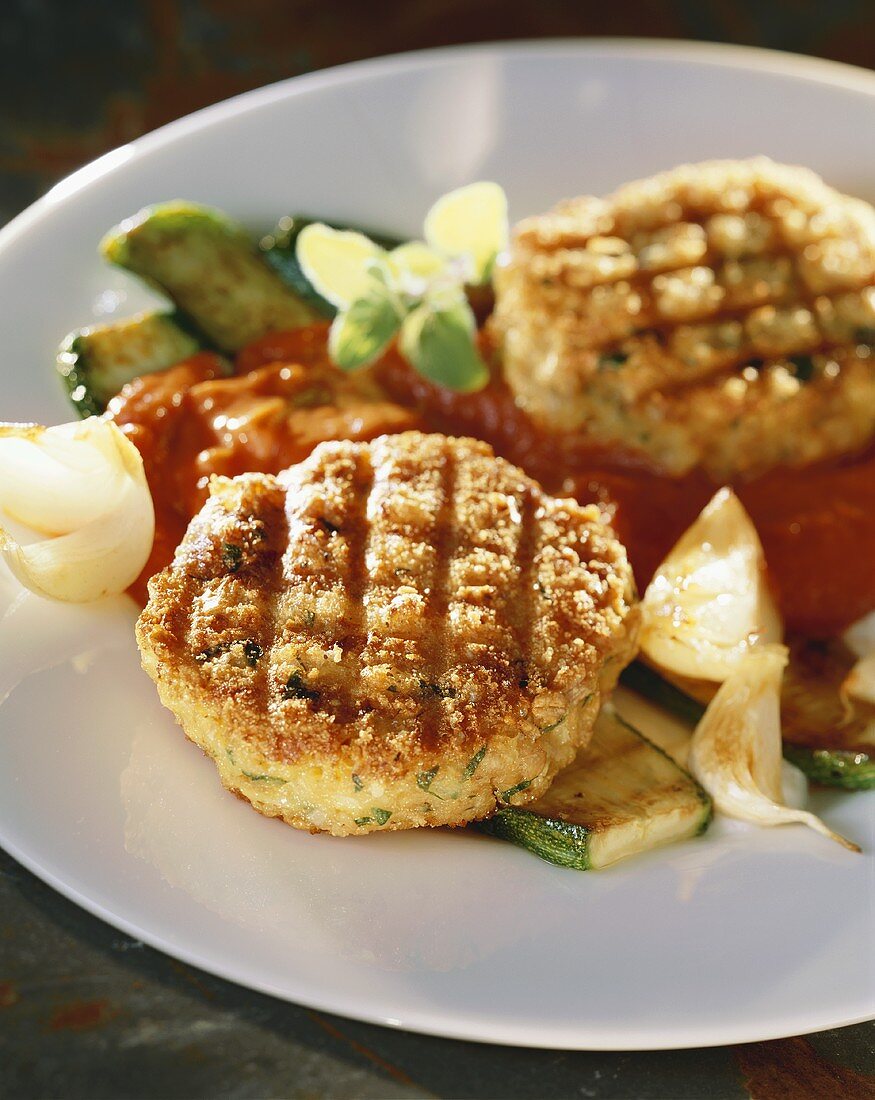 Vegetable cakes with grilled courgettes and tomato sauce