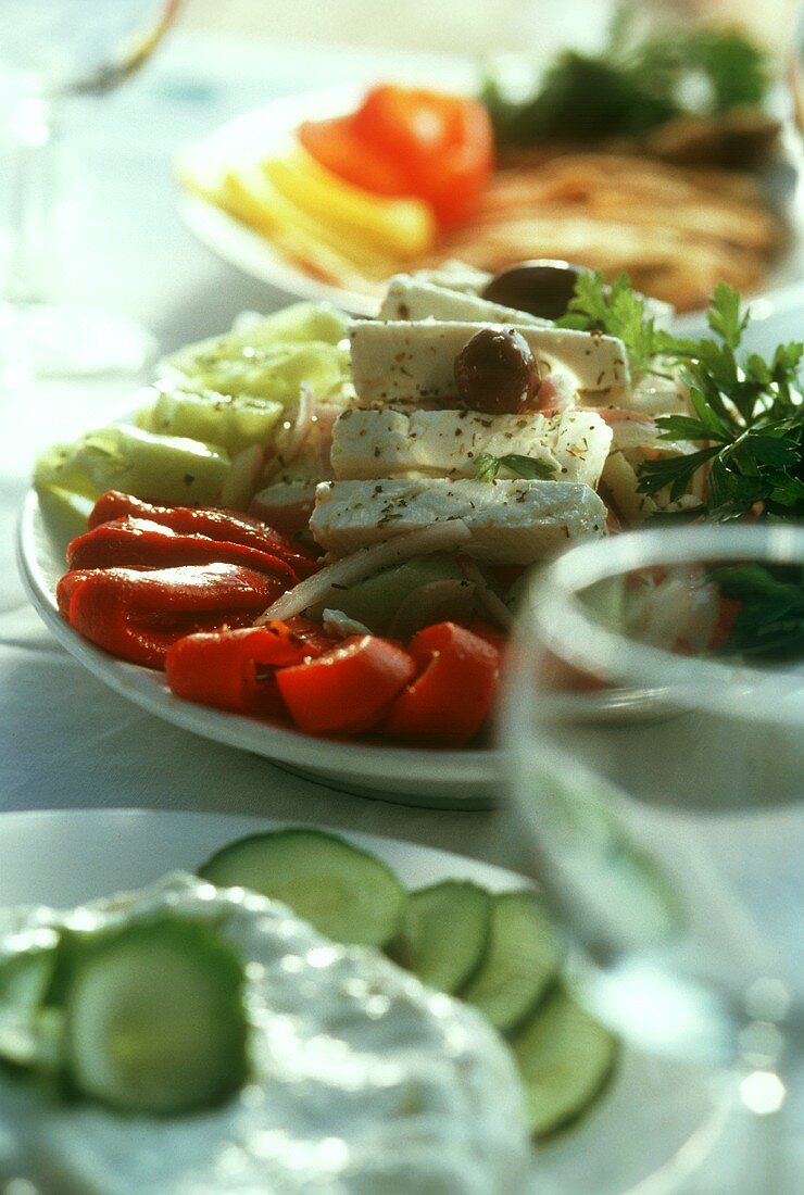 Verschiedene griechische Vorspeisen (Tzatziki, Salat, etc.)