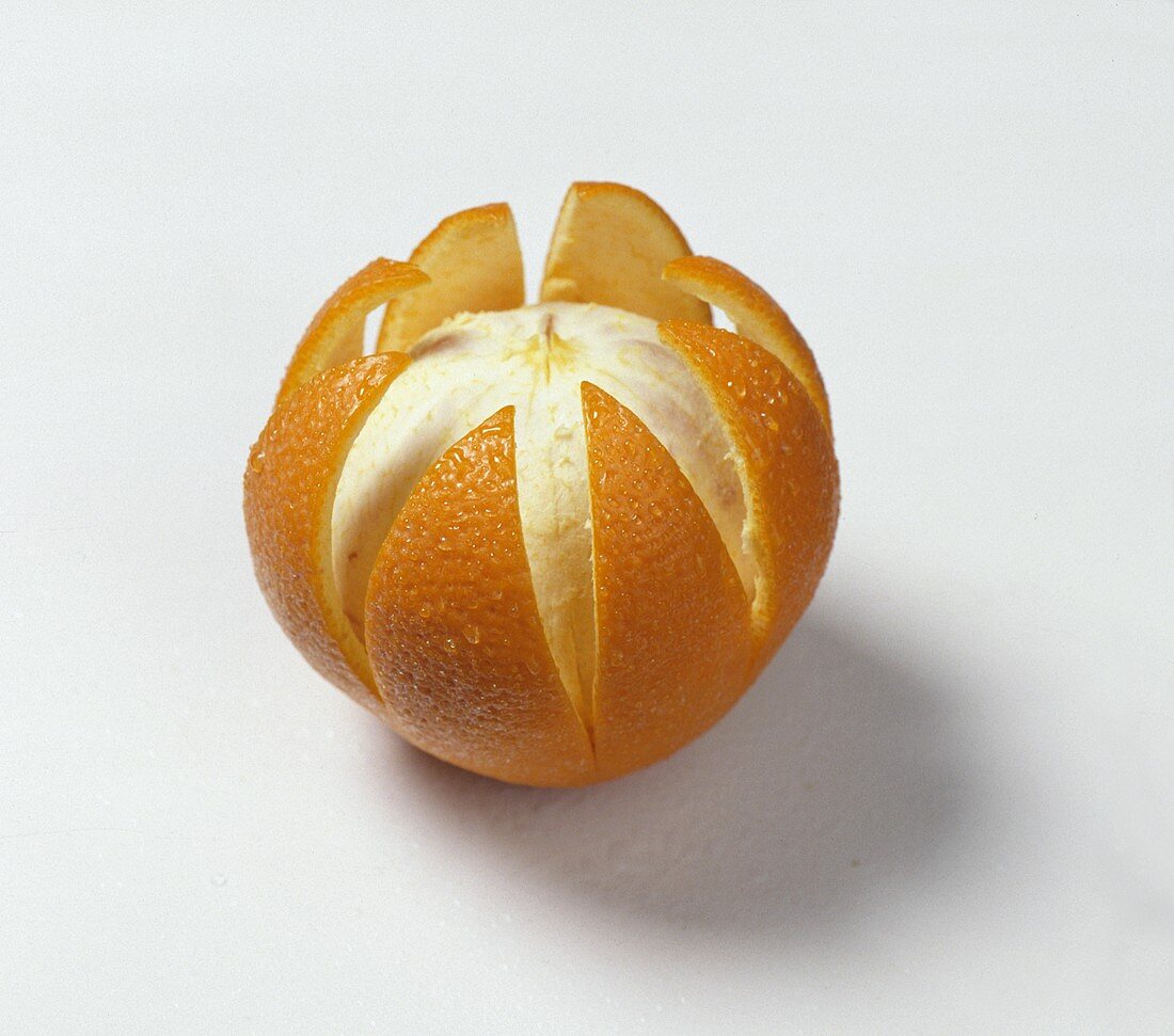 Orange with peel cut open on white background
