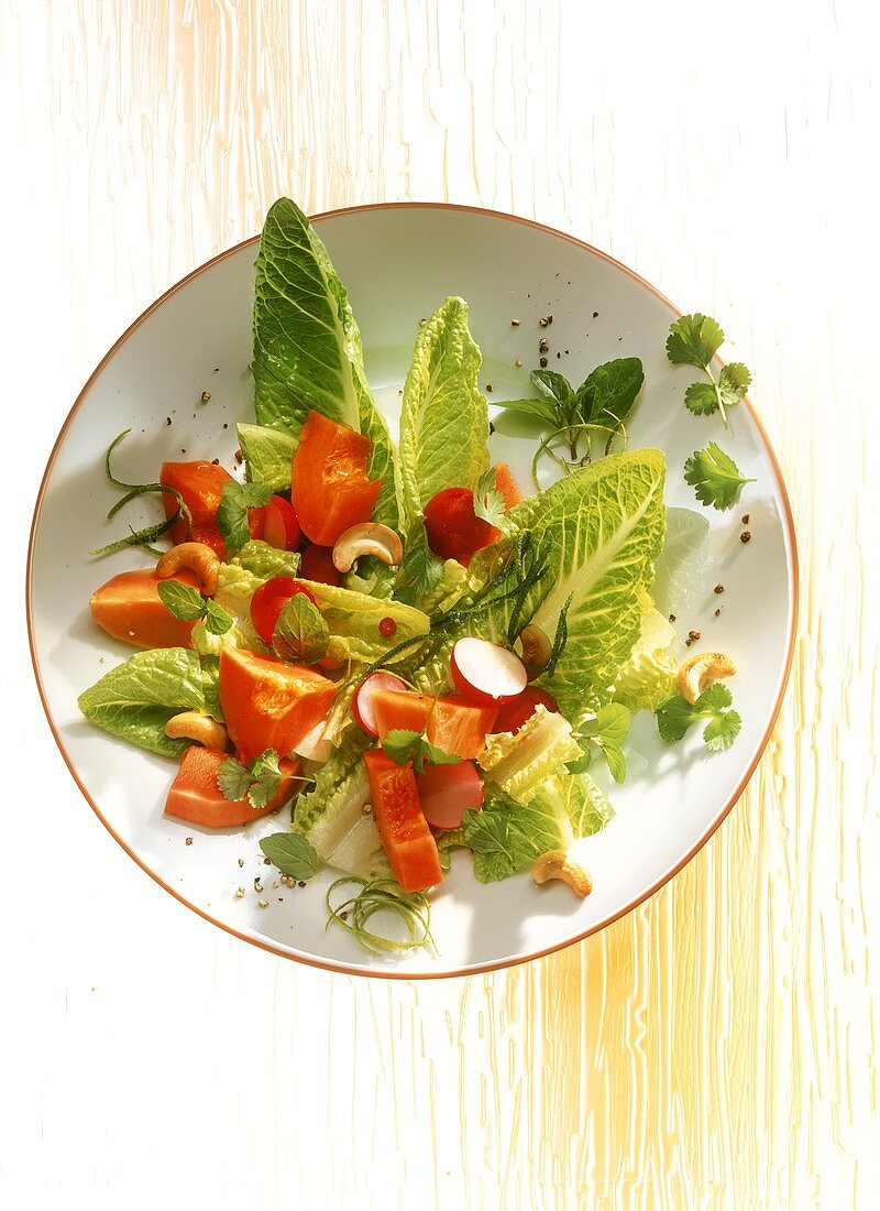 Papaya salad with romaine lettuce, radishes & tomatoes