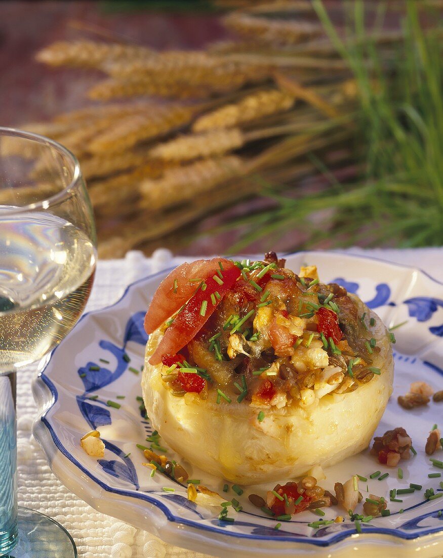 Baked celeriac stuffed with green spelt and tomatoes