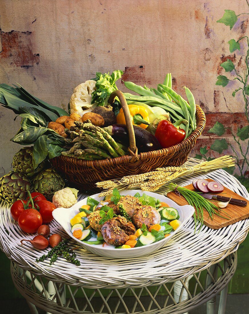Buchweizenfrikadellen auf Gemüse; Deko: Gemüsekorb auf Tisch