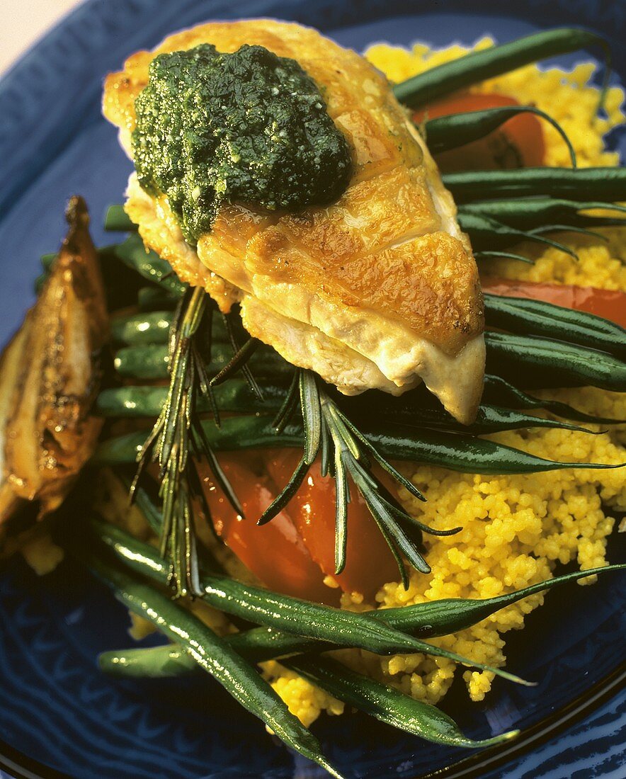 Chicken Breast with Pesto Over Green Beans and Saffron Coucous