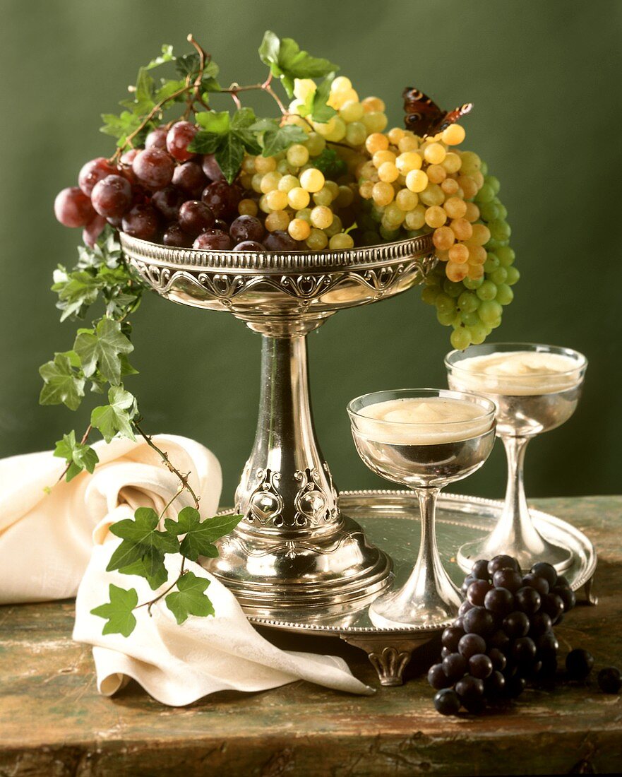 Assorted Grapes in a Silver Bowl