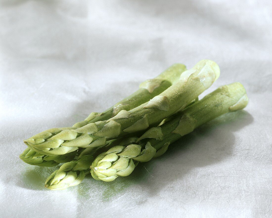 Grüner Spargel mit Wassertropfen auf hellem Untergrund