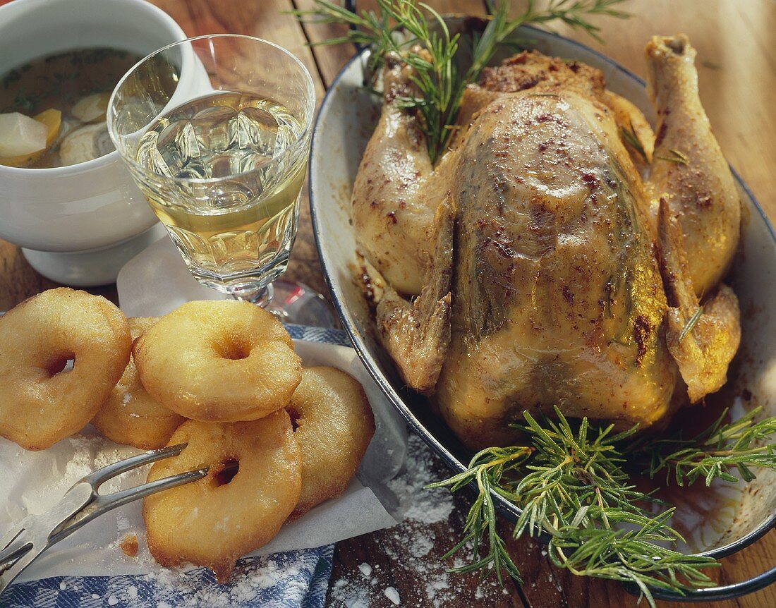 Harvest menu: rosemary chicken, meat soup, apple fritters