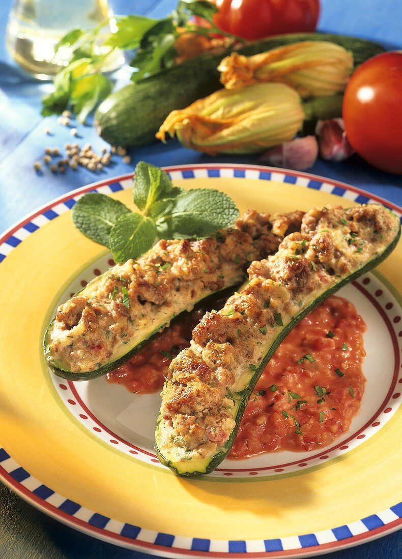 Courgettes stuffed with lamb in tomato sauce on plate