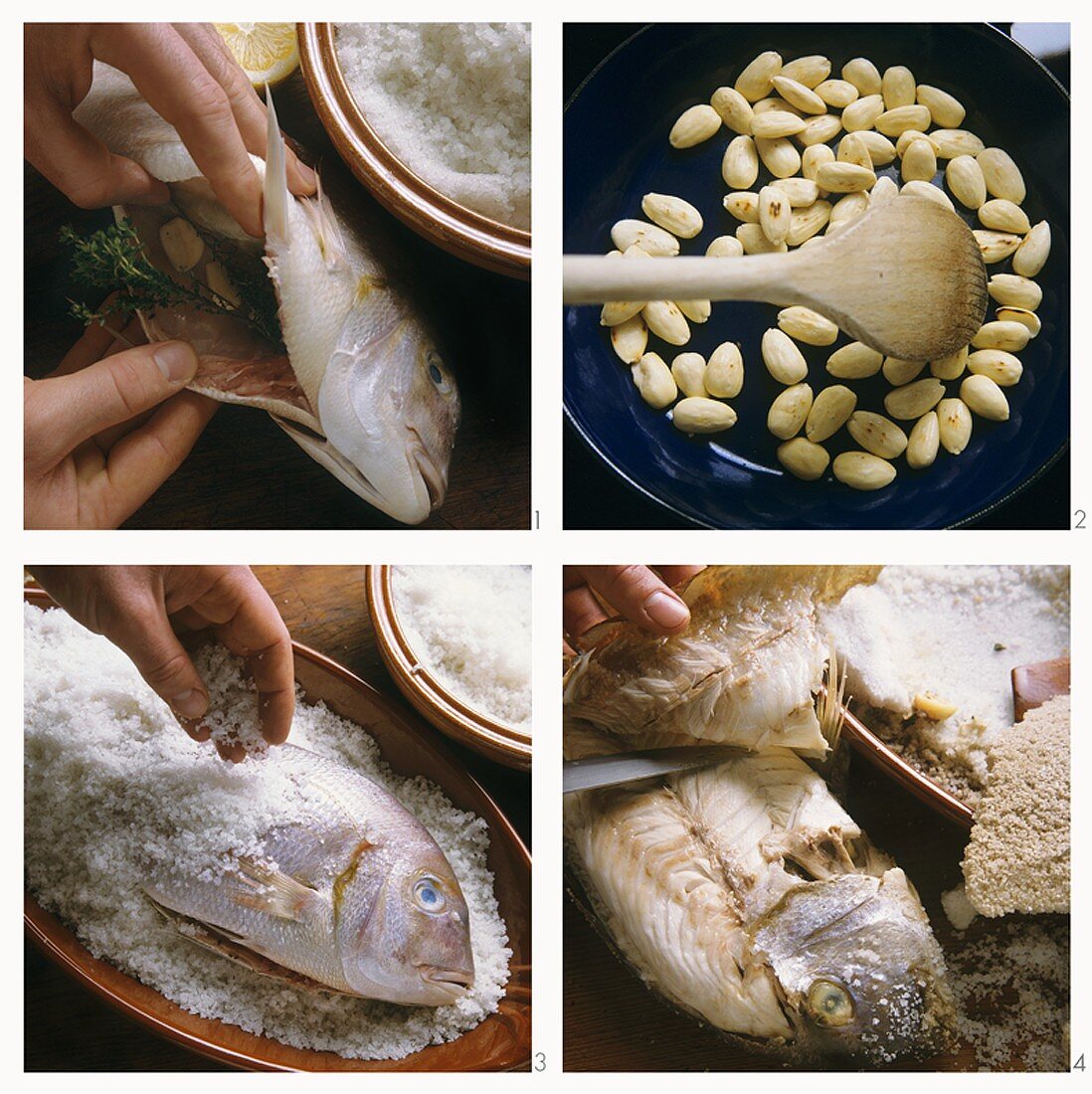Preparing gilthead bream in salt crust with almonds