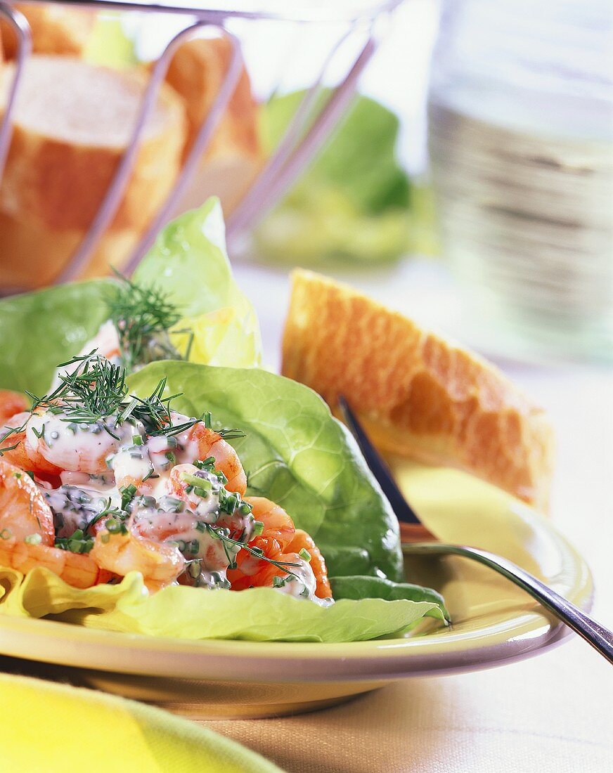 Shrimp cocktail on lettuce with dill and baguette