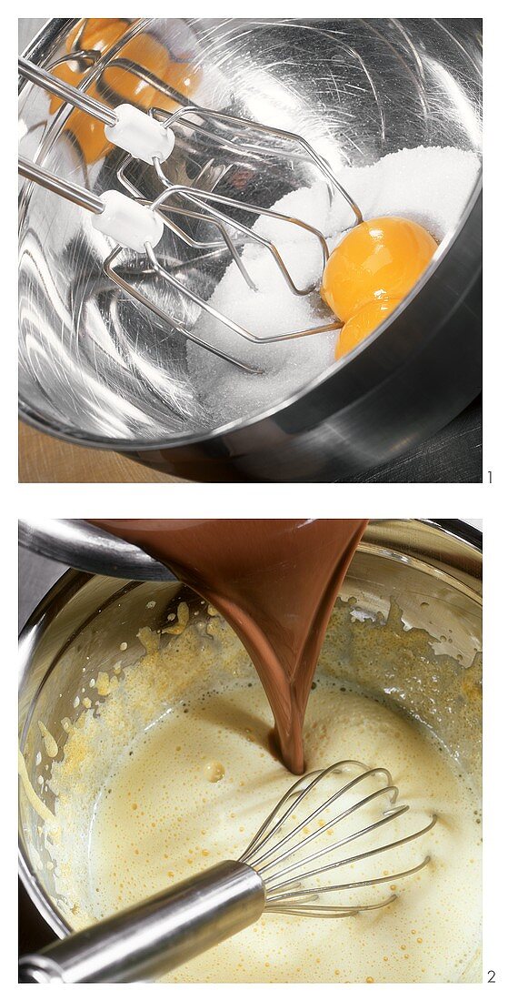 Making chocolate pudding: adding chocolate to beaten egg