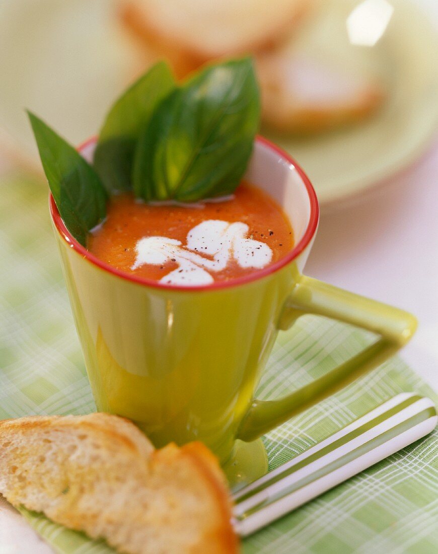 Tomato soup with blobs of cream & basil in green cup