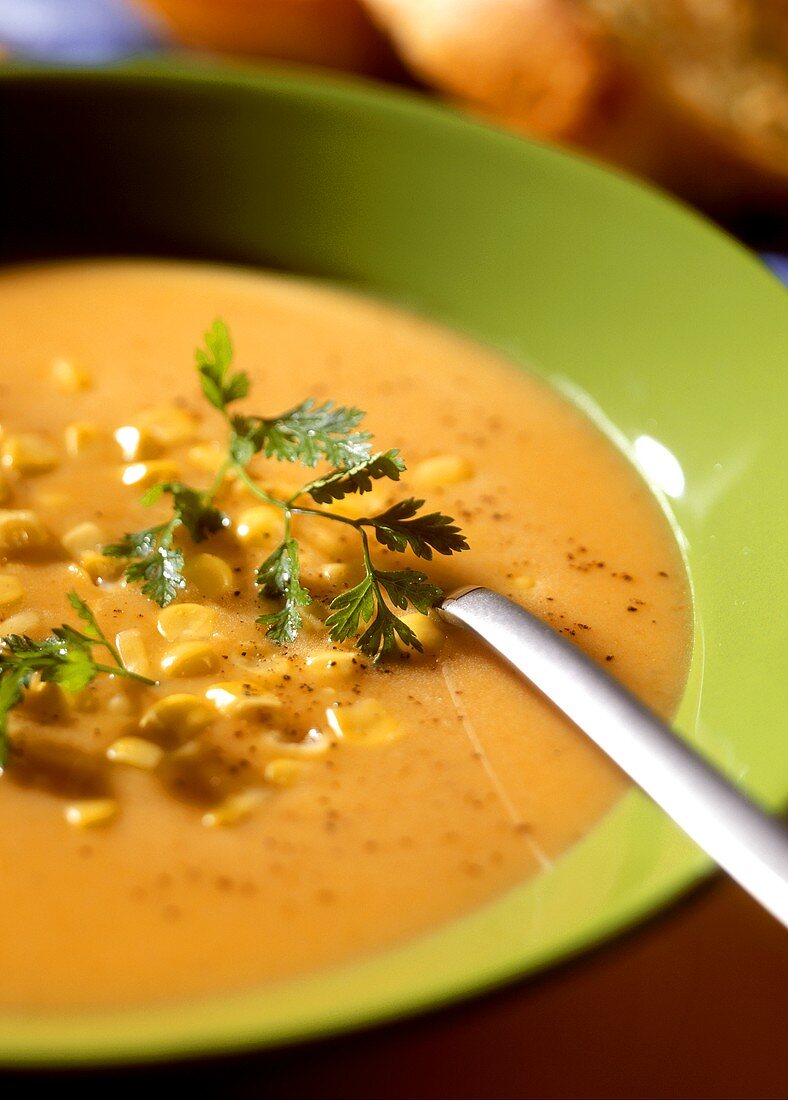 Pumpkin soup with sweetcorn and fresh chervil