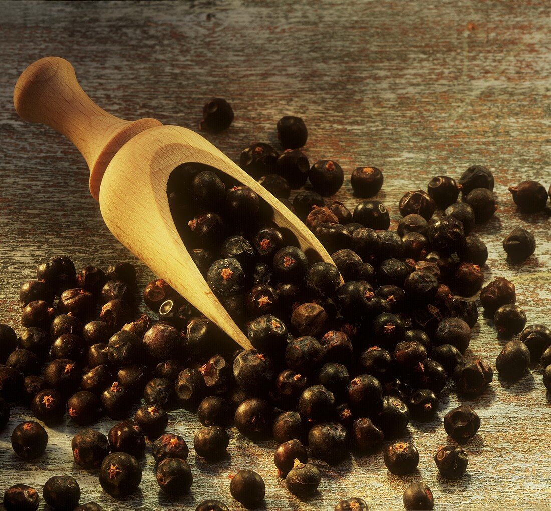 Juniper berries on small wooden scoop