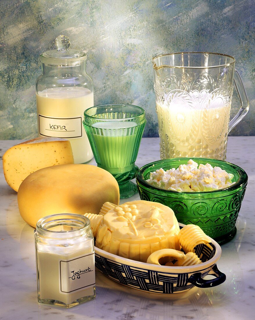Still life with dairy products, cheese and butter