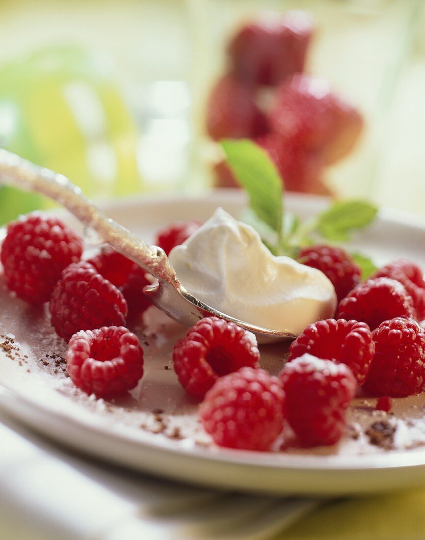 Frische Himbeeren auf Teller mit Creme fraiche auf Löffel