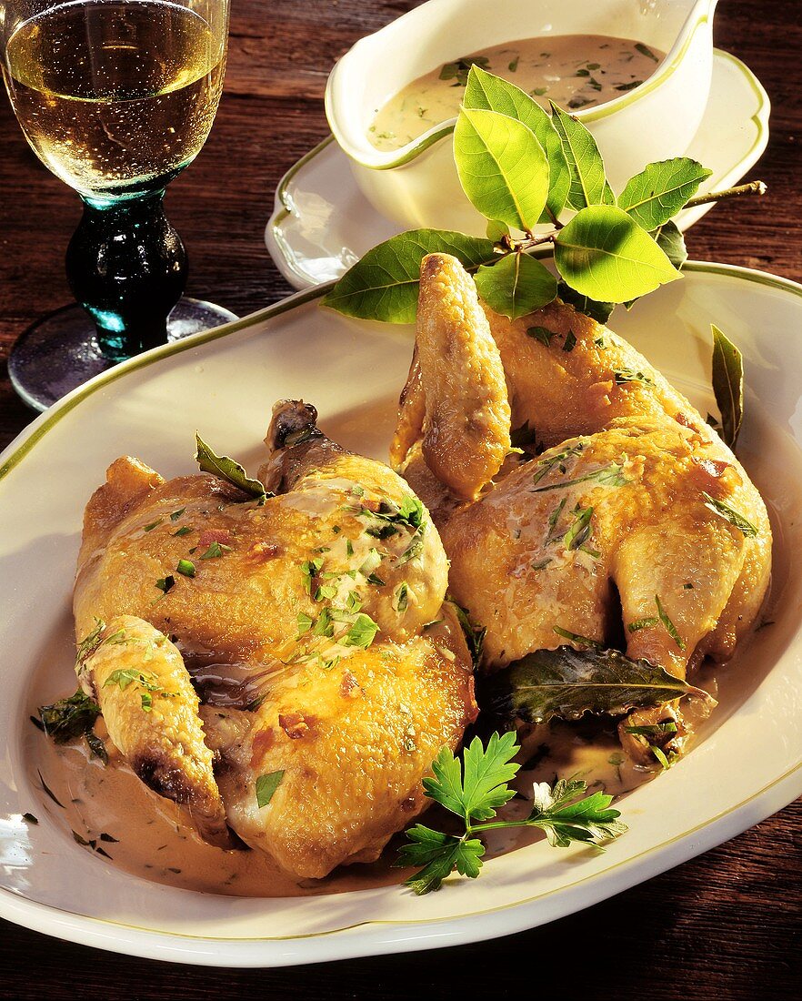 Braised chicken with bay leaf on platter; Sauce; White wine