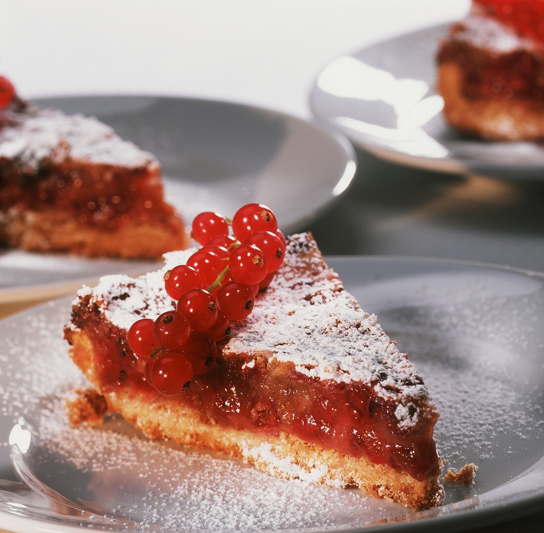 Three pieces of redcurrant tart with icing sugar
