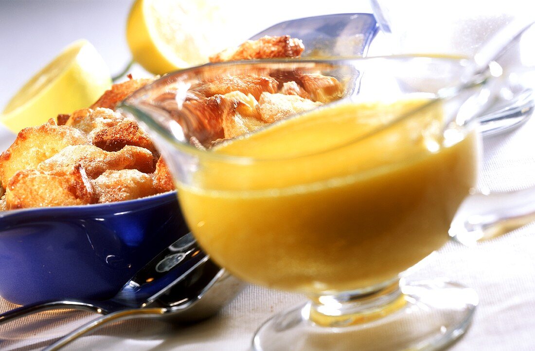 Croissant pudding with apricot sauce