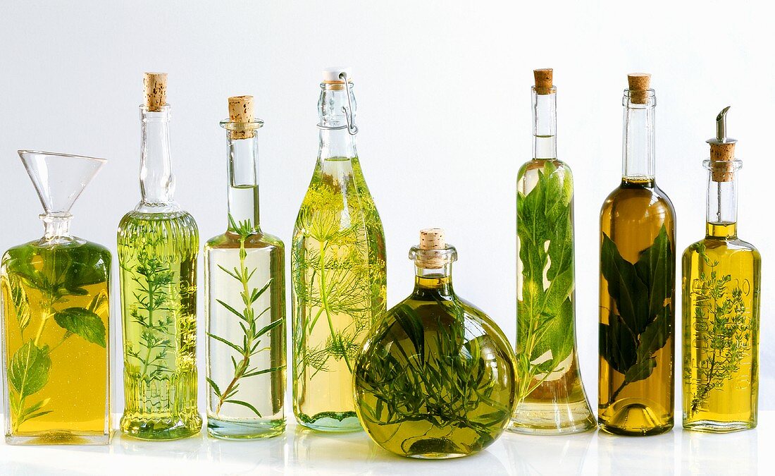 Various herb oils in bottles