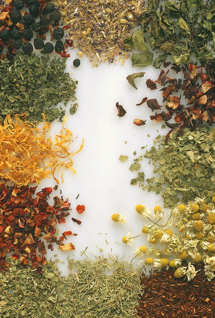 Herb and fruit tea leaves, arranged around edge of picture