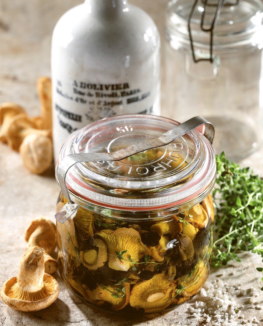 Pickled mushrooms in a pickling jar; Herbs, salt, oil