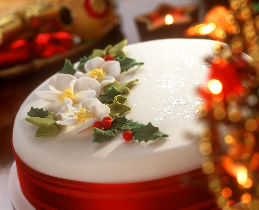 Christmas cake, decorated with marzipan flowers