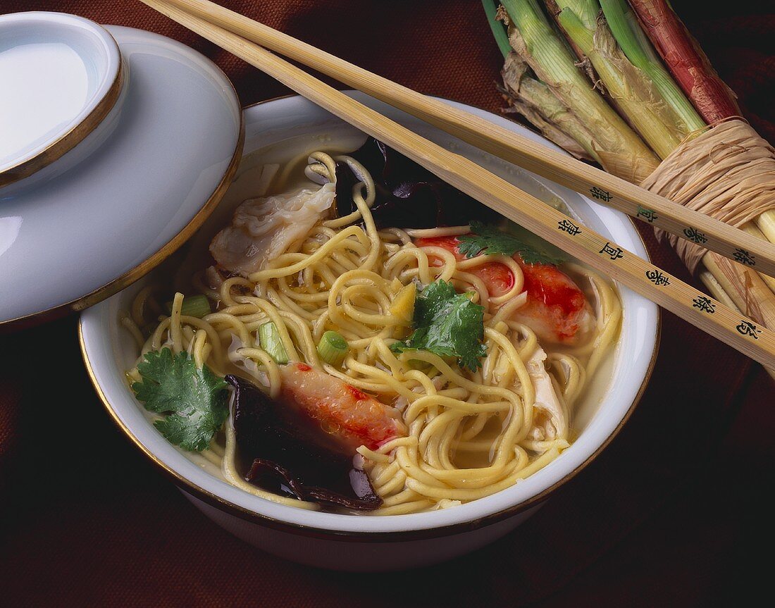 Chinese noodle soup with shrimps and mushrooms
