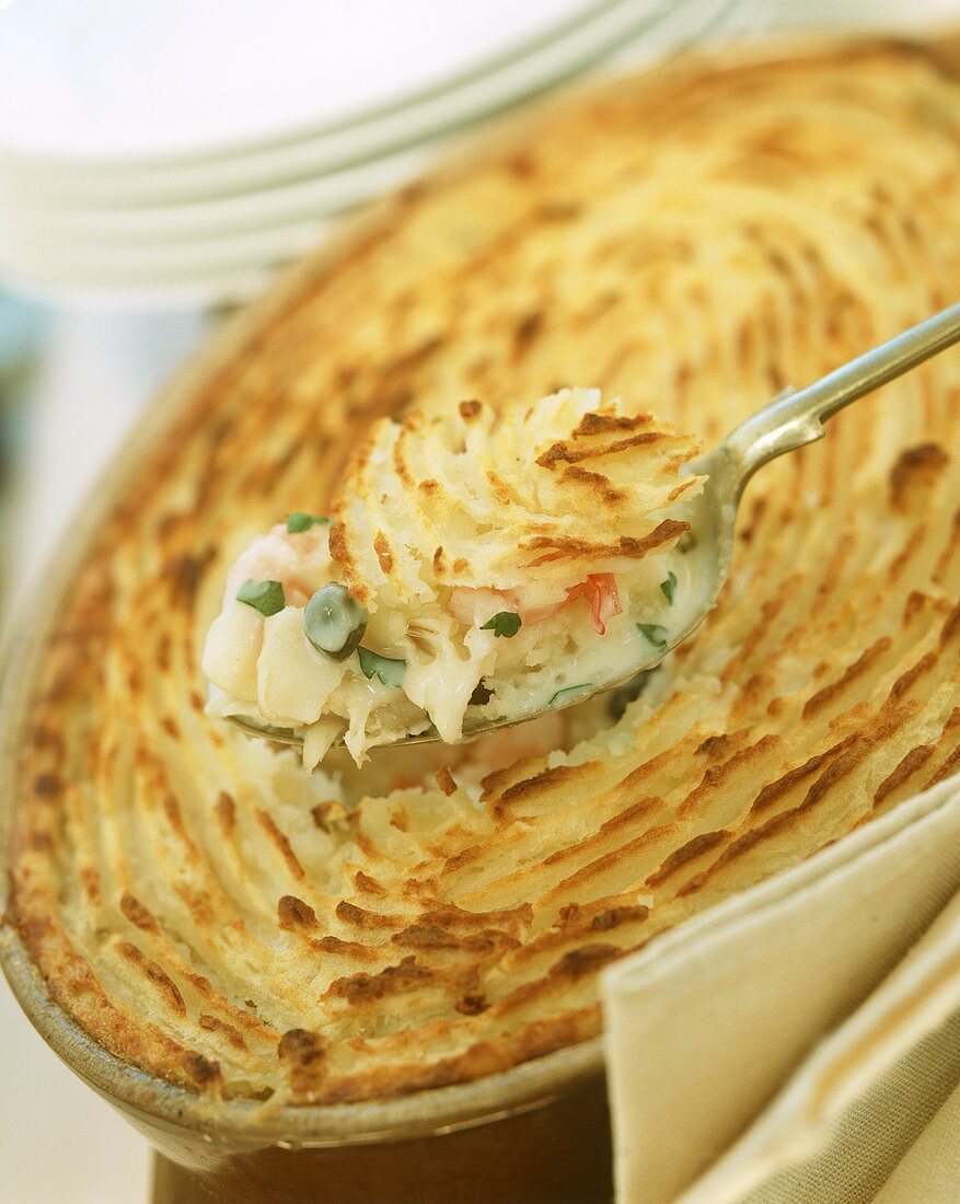 Fish and potato casserole on spoon and in baking dish