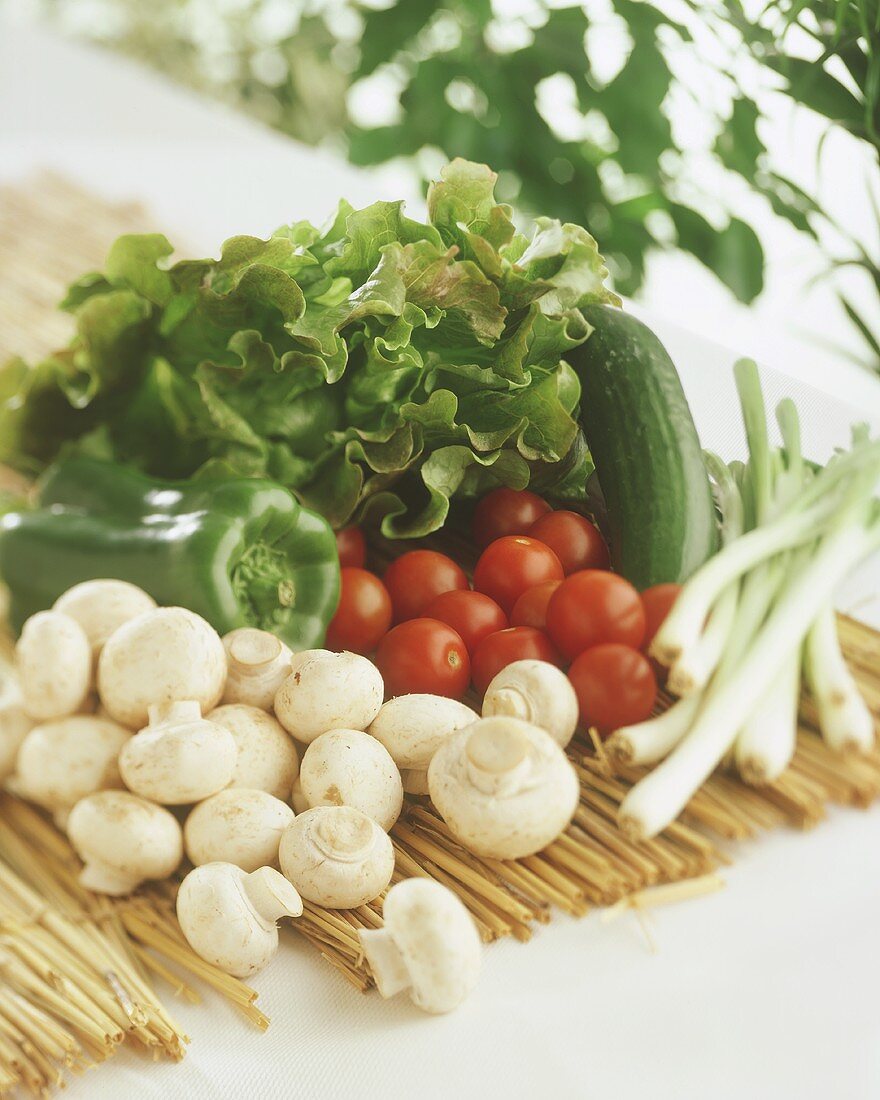 Gemüse, Salat und Champignons auf Strohmatte