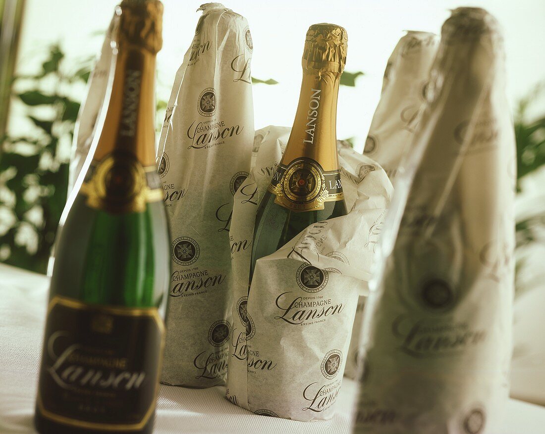 Einige Flaschen Lanson Champagner, teilweise in Papier