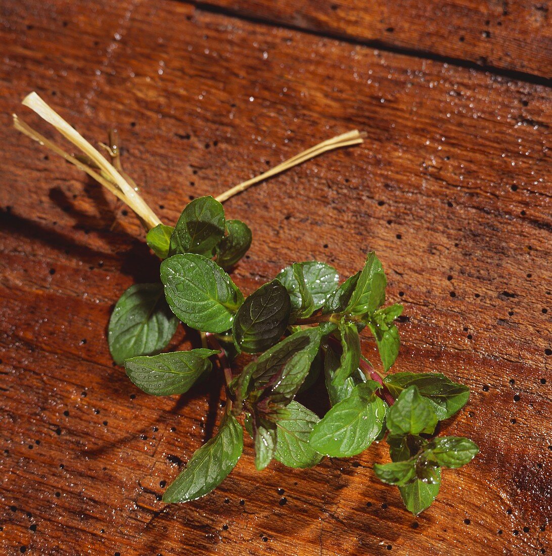 A bunch of peppermint with drops of water on wooden background