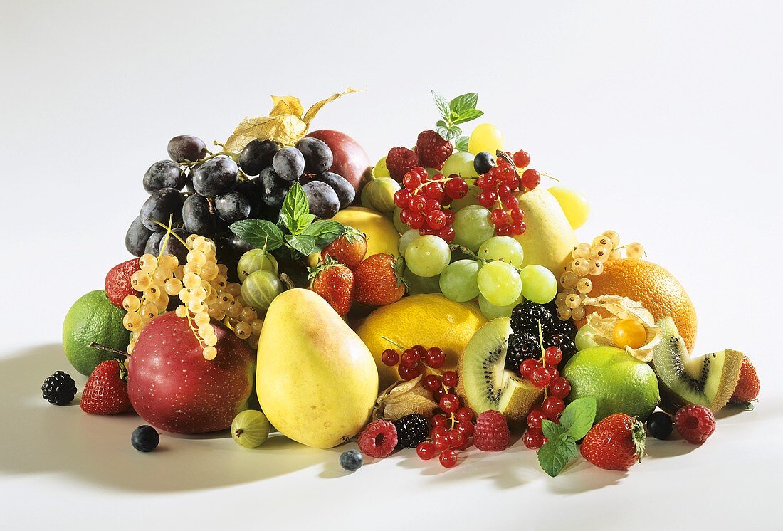 Various fresh fruits on white background