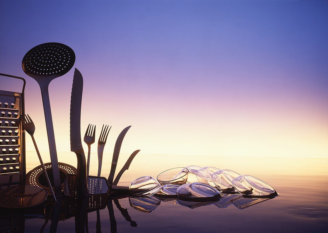 Kitchen utensils, cutlery and glass bowls in water