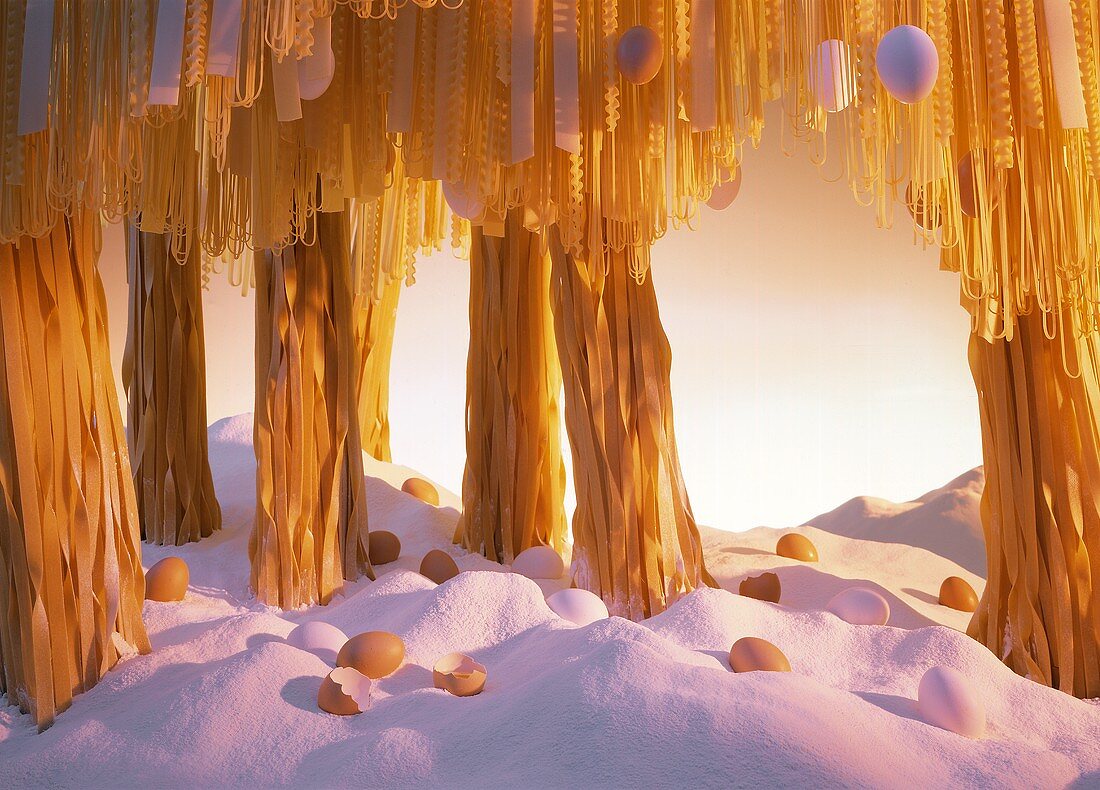 Landscape of pasta trees, eggs and salt