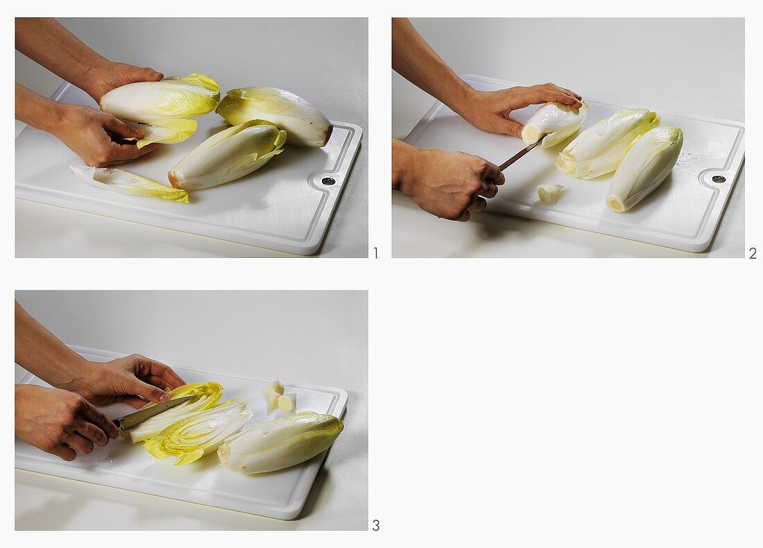 Preparing chicory: removing the stalk and leaves, cutting up