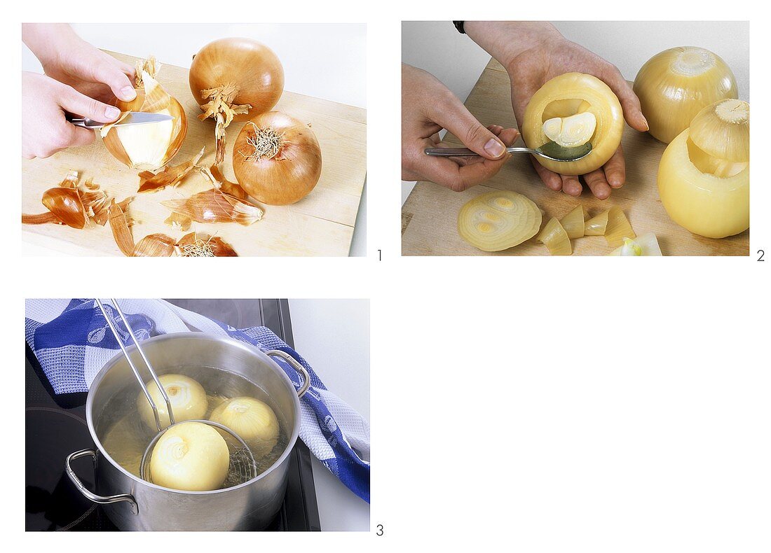 Peeling, boiling and hollowing out onions
